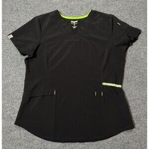 Scrubstar Black Scrub Top Women Size Medium Stretch Black Green Stich Pockets
